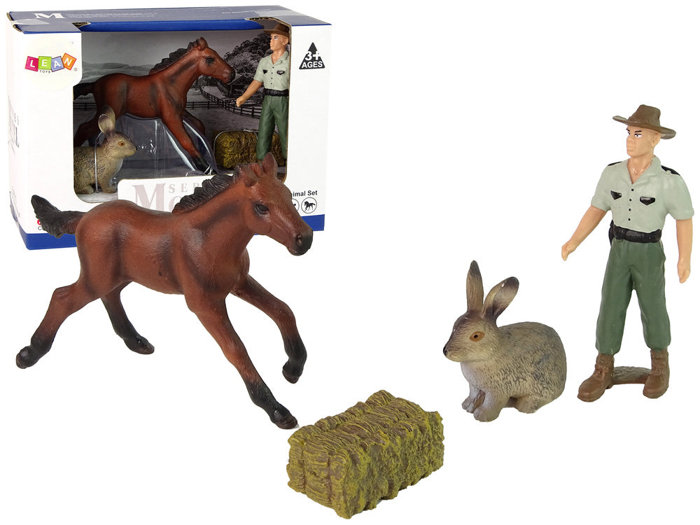 Animais cavalo, lebre e agricultor