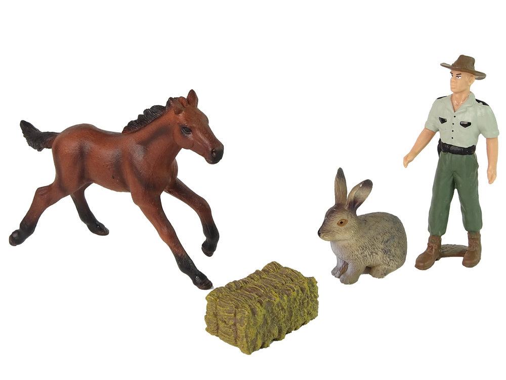 Animais cavalo, lebre e agricultor