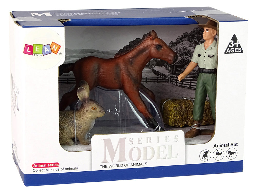 Animais cavalo, lebre e agricultor
