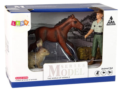 Animais cavalo, lebre e agricultor