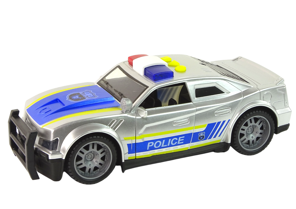 Carro polícia prateado 1:14 com luzes e sons