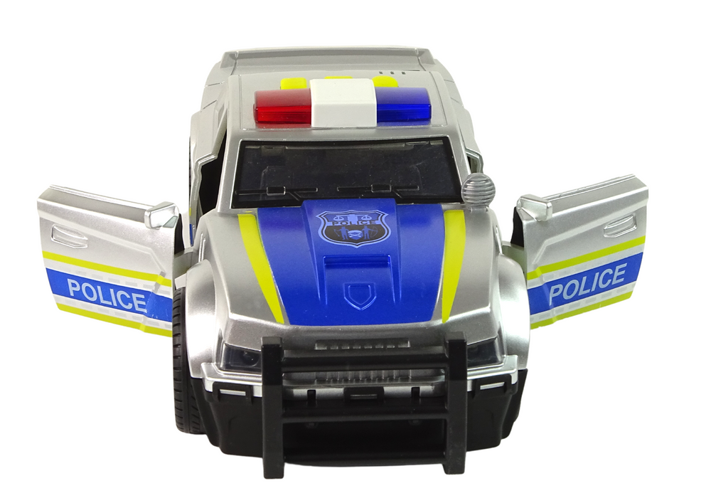 Carro polícia prateado 1:14 com luzes e sons