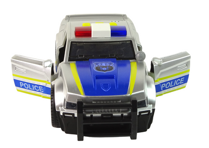 Carro polícia prateado 1:14 com luzes e sons