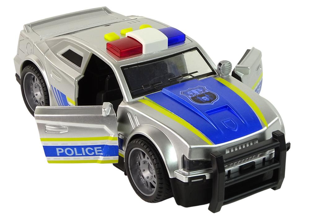 Carro polícia prateado 1:14 com luzes e sons