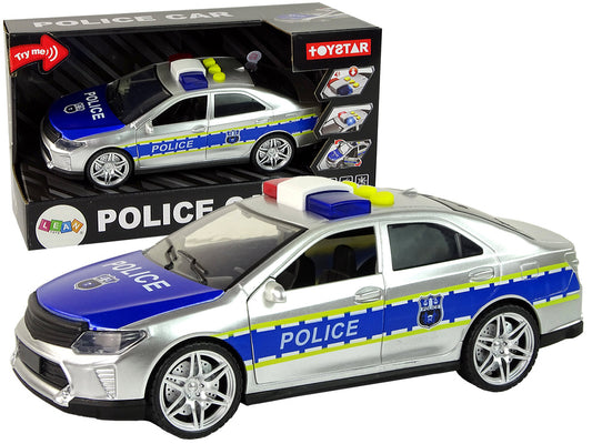 Carro polícia prateado 1:14 de fricção com luzes e sons