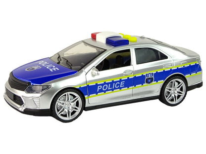 Carro polícia prateado 1:14 de fricção com luzes e sons