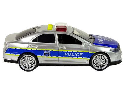 Carro polícia prateado 1:14 de fricção com luzes e sons