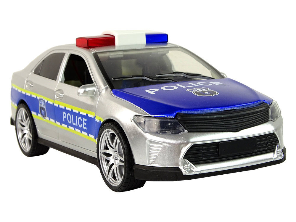 Carro polícia prateado 1:14 de fricção com luzes e sons