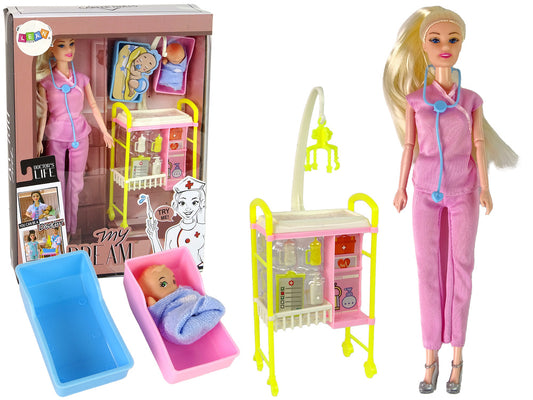 Boneca Médica Loira Uniforme Rosa e Berço de Bebé