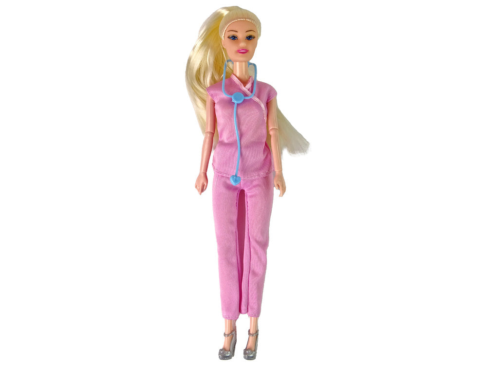 Boneca Médica Loira Uniforme Rosa e Berço de Bebé