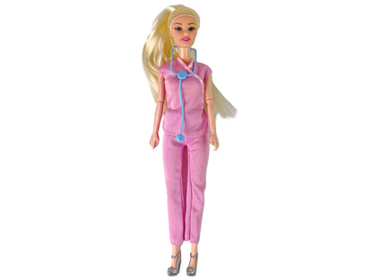 Boneca Médica Loira Uniforme Rosa e Berço de Bebé