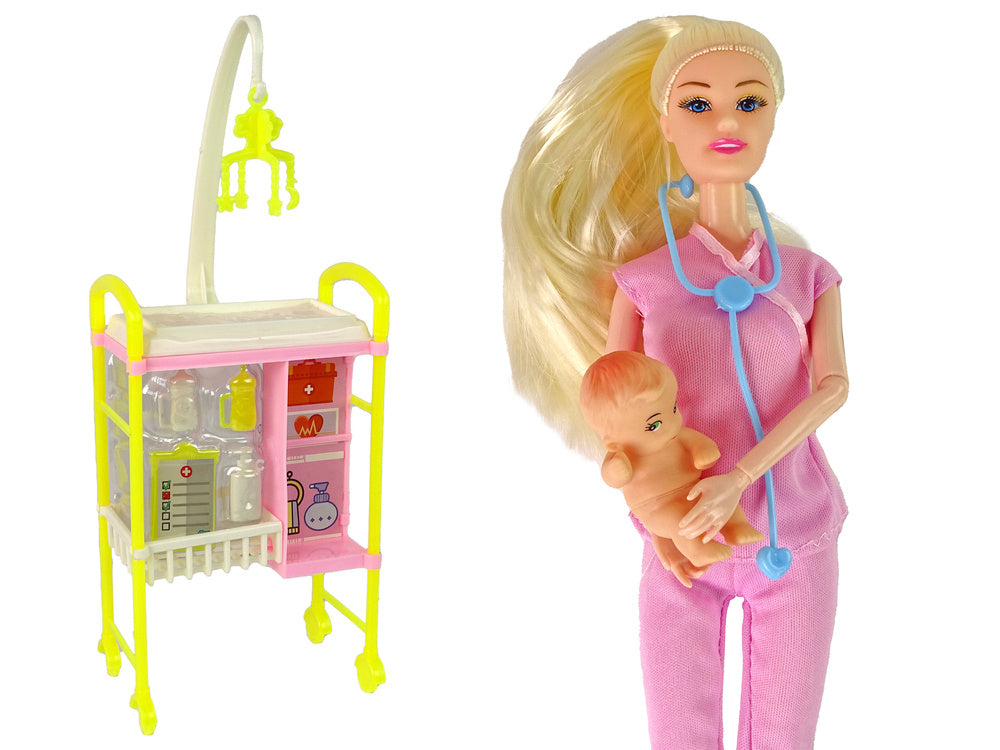 Boneca Médica Loira Uniforme Rosa e Berço de Bebé