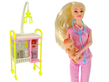 Boneca Médica Loira Uniforme Rosa e Berço de Bebé