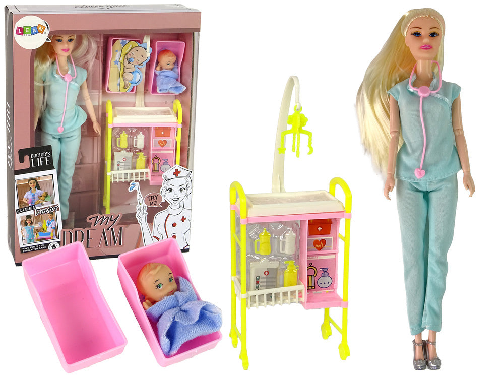 Boneca Médica Loira Uniforme Azul e Berço de Bebé