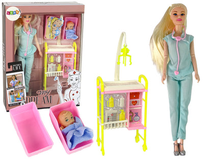 Boneca Médica Loira Uniforme Azul e Berço de Bebé