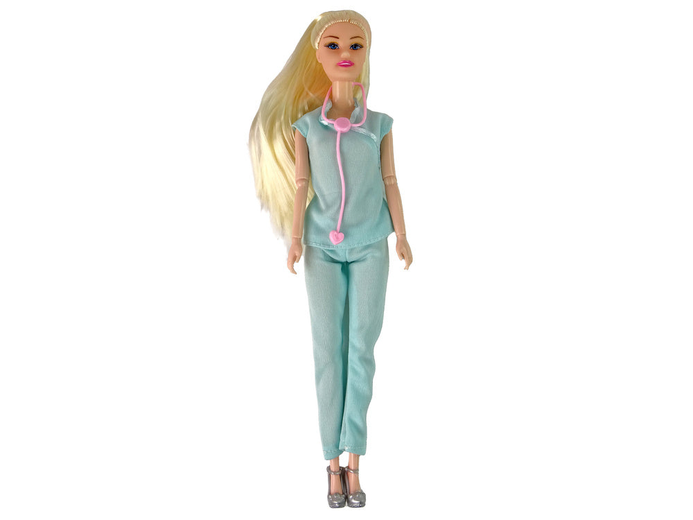 Boneca Médica Loira Uniforme Azul e Berço de Bebé