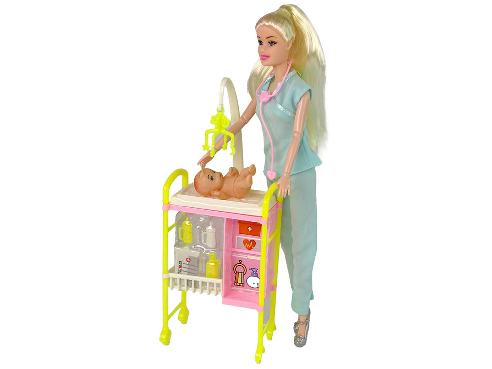 Boneca Médica Loira Uniforme Azul e Berço de Bebé
