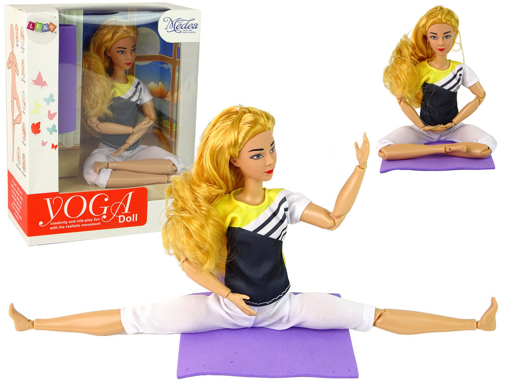 Boneca bebé com tapete de ioga e cabelo loiro comprido