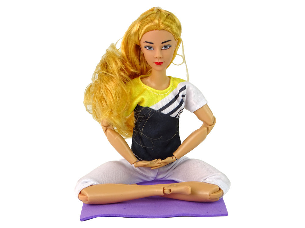 Boneca bebé com tapete de ioga e cabelo loiro comprido