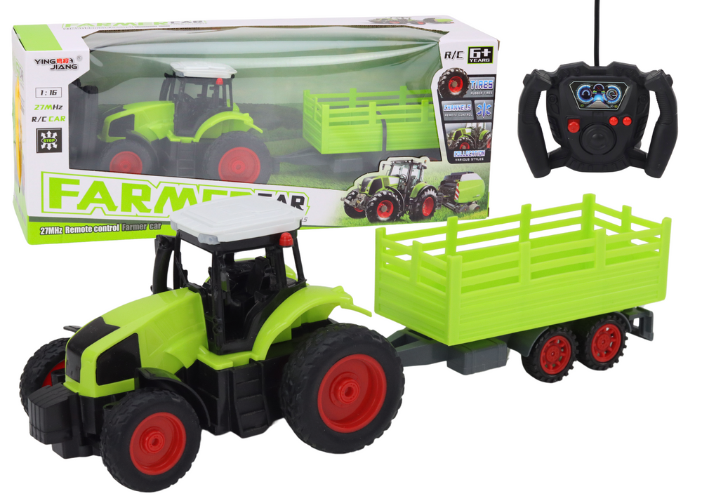 Trator Agrícola RC 1:16 Verde com Reboque Gradeado e Telecomando 27 MHz