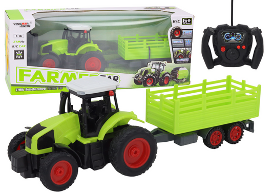 Trator Agrícola RC 1:16 Verde com Reboque Gradeado e Telecomando 27 MHz
