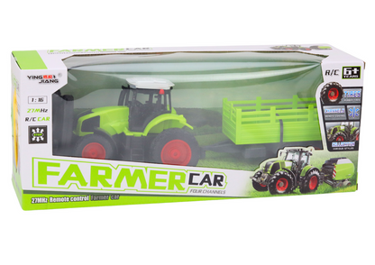 Trator Agrícola RC 1:16 Verde com Reboque Gradeado e Telecomando 27 MHz