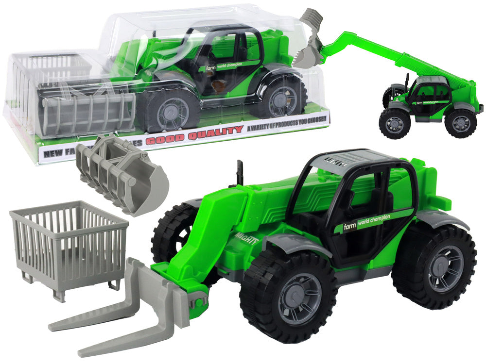 Trator agrícola verde com grua