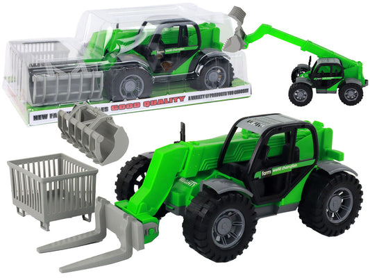 Trator agrícola verde com grua