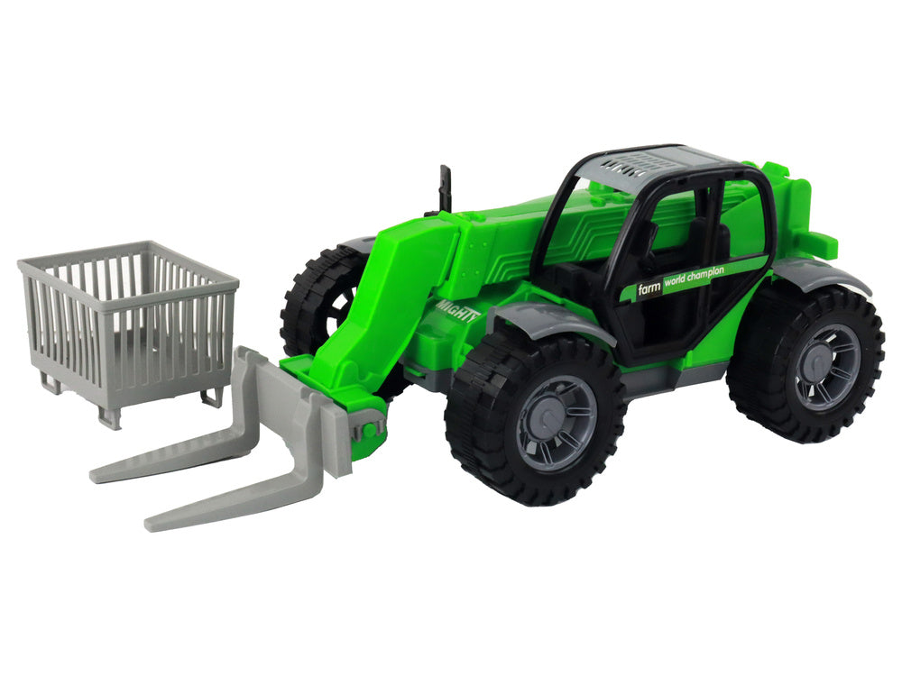 Trator agrícola verde com grua