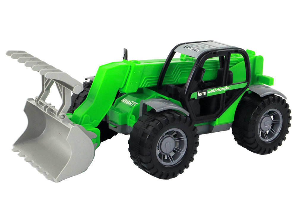 Trator agrícola verde com grua