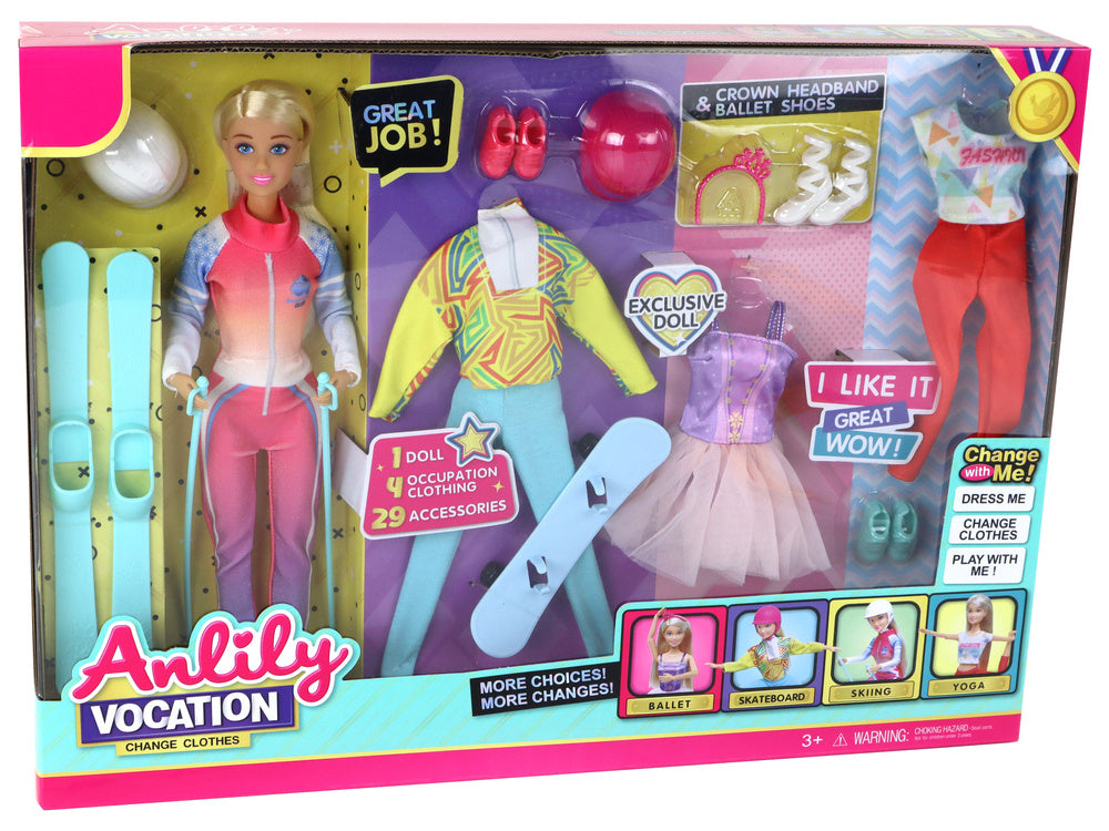 Boneca Anlily infantil com acessórios de ski