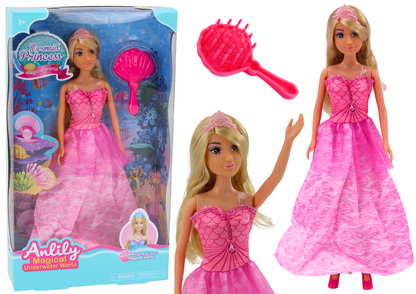 Boneca princesa sereia Anlily rosa com escova