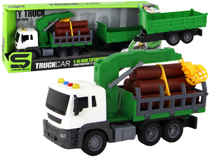 Camião com grua de fricção verde com madeira 1:16
