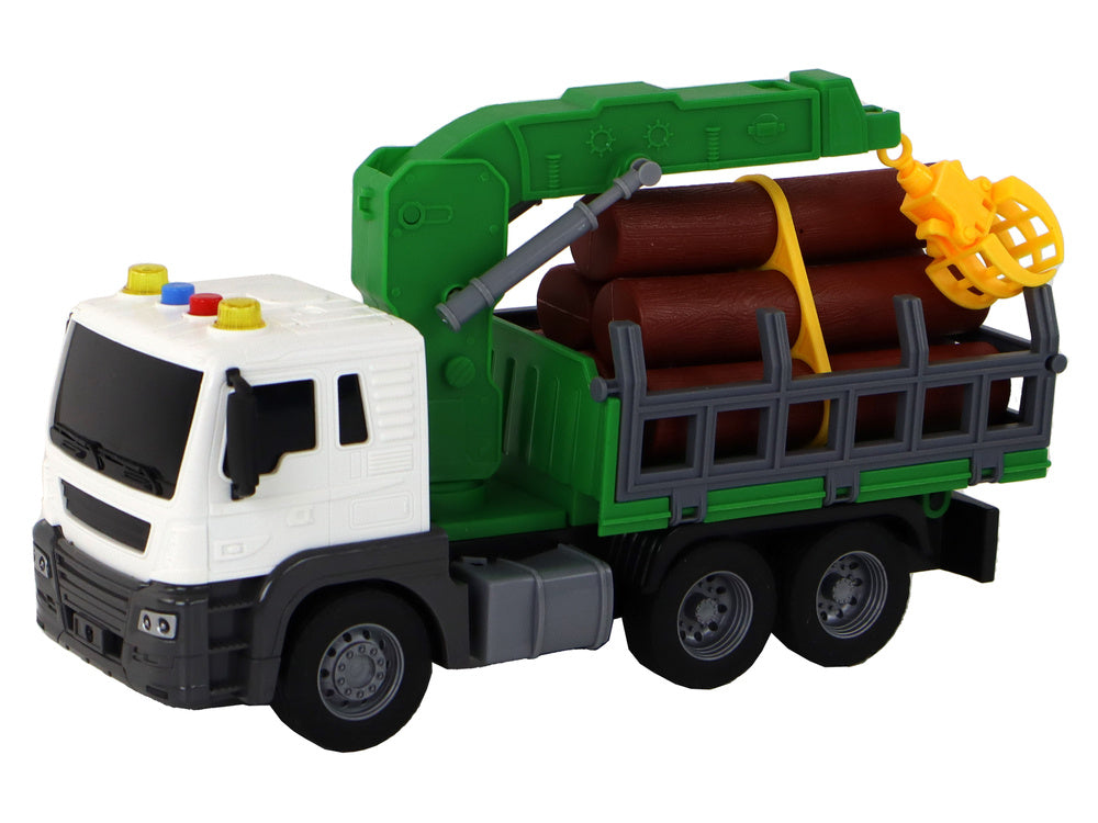 Camião com grua de fricção verde com madeira 1:16