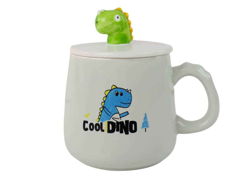 Caneca Dinossauro Azul em Cerâmica com Tampa e Colher 350ml