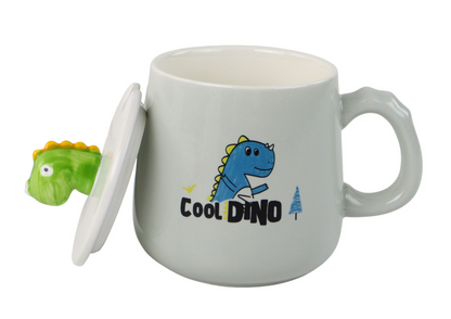Caneca Dinossauro Azul em Cerâmica com Tampa e Colher 350ml