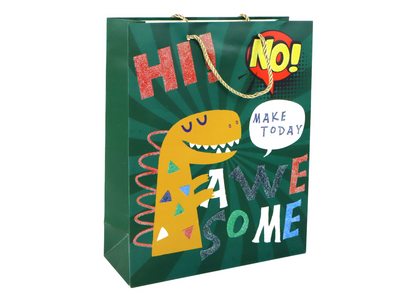 Saco de Papel de Presente Dinossauro Verde 32x26x10cm