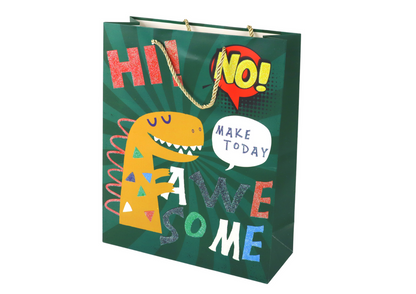 Saco de Papel de Presente Dinossauro Verde 32x26x10cm