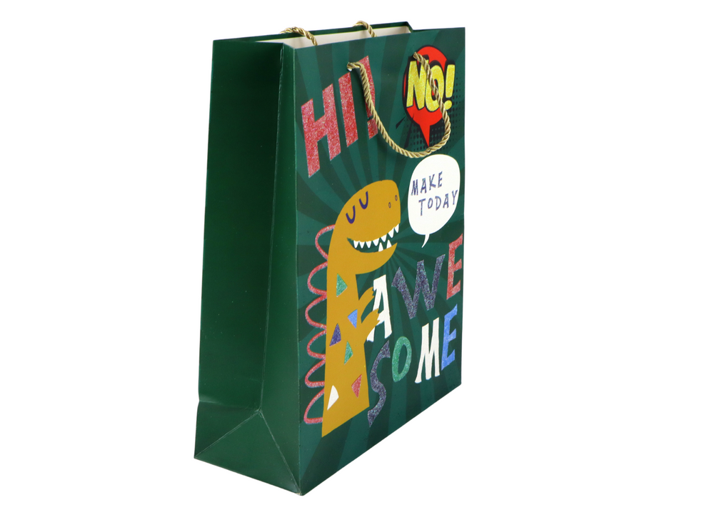 Saco de Papel de Presente Dinossauro Verde 41,5x30x12cm