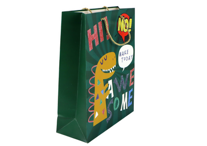 Saco de Papel de Presente Dinossauro Verde 41,5x30x12cm