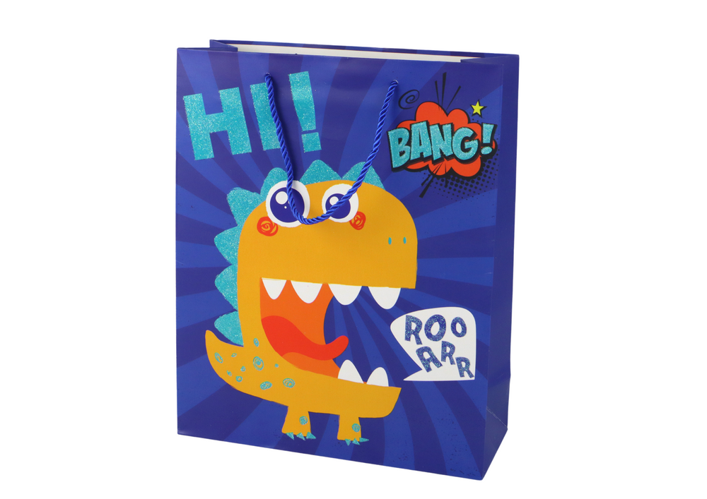Saco de Papel de Presente Dinossauro Azul 41,5x30x12cm