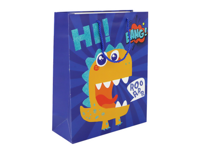 Saco de Papel de Presente Dinossauro Azul 41,5x30x12cm