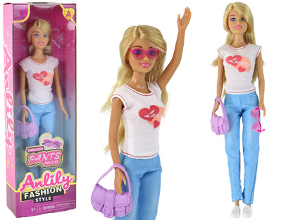 Boneca Anlily Cabelo Loiro Comprido com Mala Óculos e Blusa Branca
