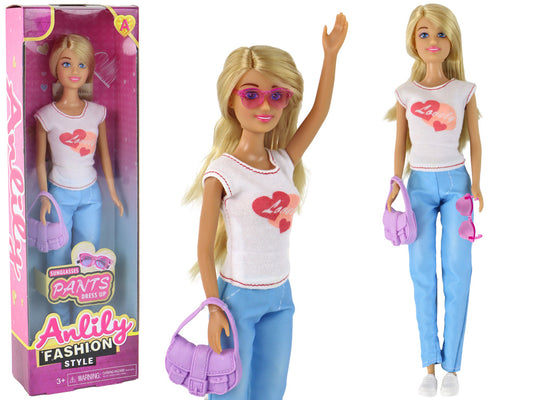 Boneca Anlily Cabelo Loiro Comprido com Mala Óculos e Blusa Branca