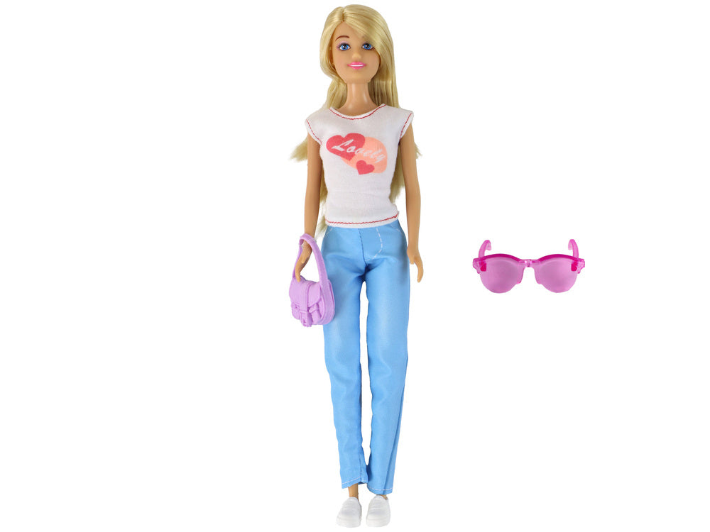 Boneca Anlily Cabelo Loiro Comprido com Mala Óculos e Blusa Branca