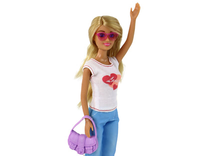 Boneca Anlily Cabelo Loiro Comprido com Mala Óculos e Blusa Branca