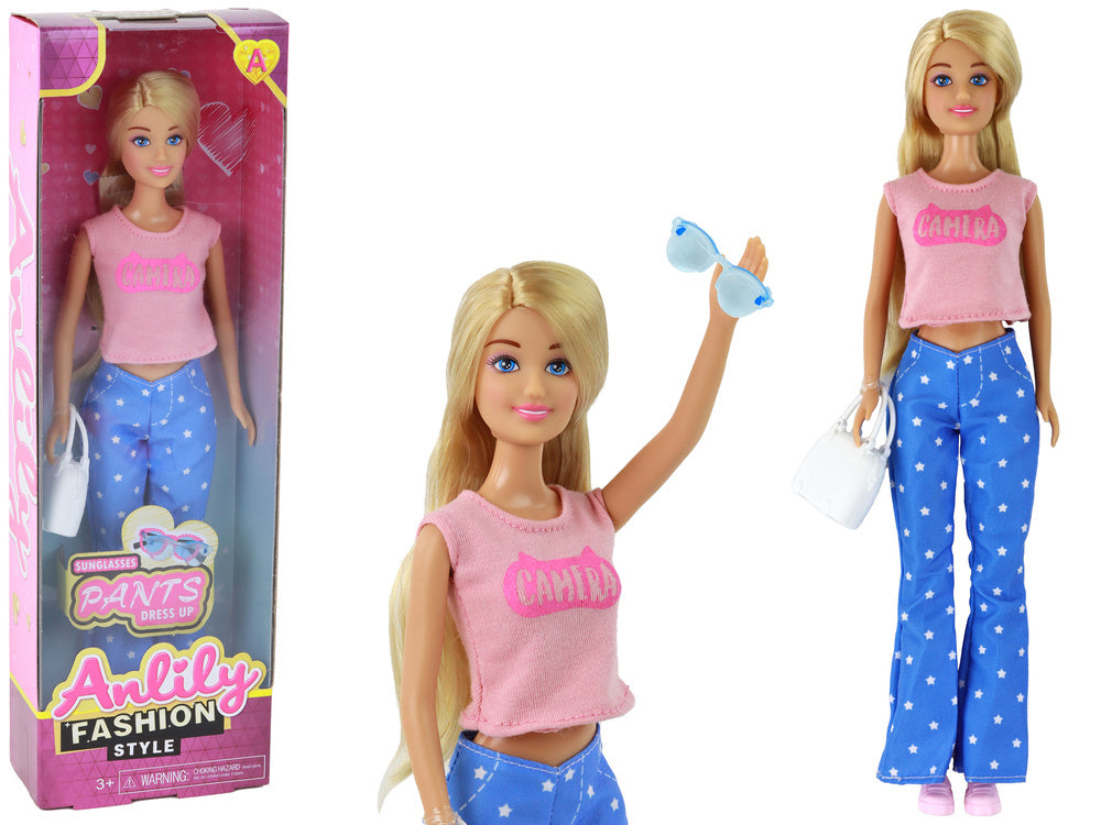Boneca Anlily Cabelo Loiro Comprido com Mala Óculos e Blusa Rosa