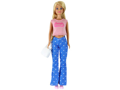 Boneca Anlily Cabelo Loiro Comprido com Mala Óculos e Blusa Rosa
