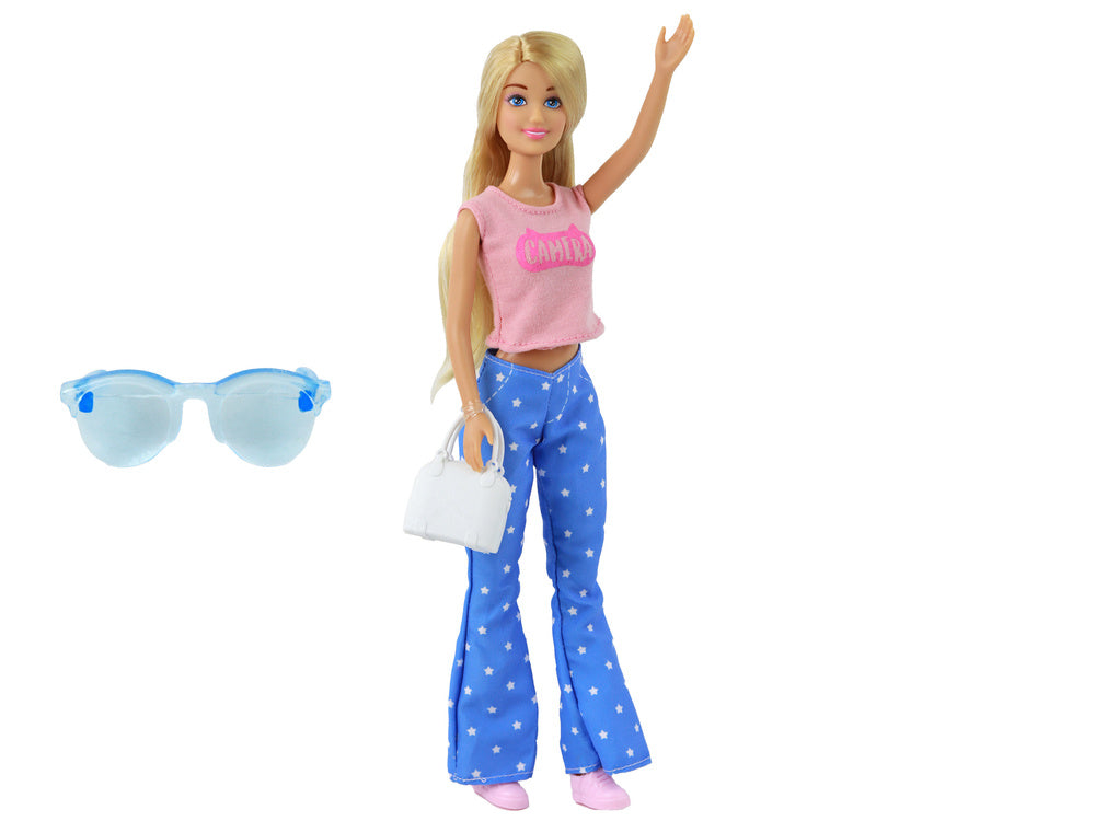 Boneca Anlily Cabelo Loiro Comprido com Mala Óculos e Blusa Rosa
