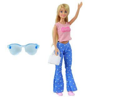 Boneca Anlily Cabelo Loiro Comprido com Mala Óculos e Blusa Rosa